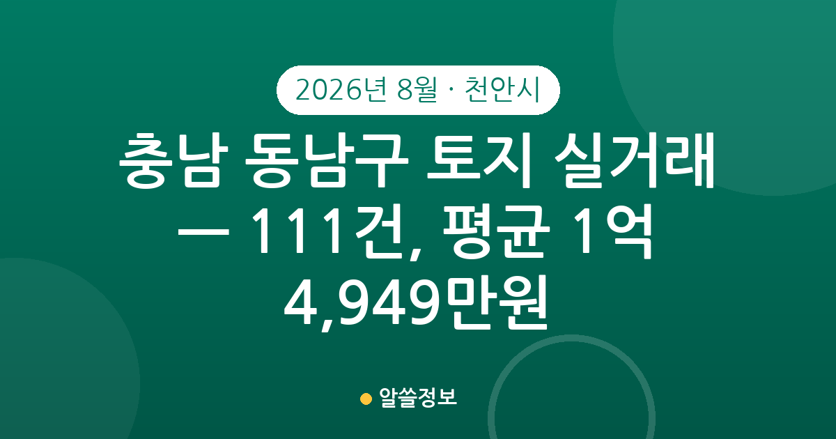 충남 천안시 동남구 토지 실거래 2026년 8월 — 111건, 평균 1억 4,949만원